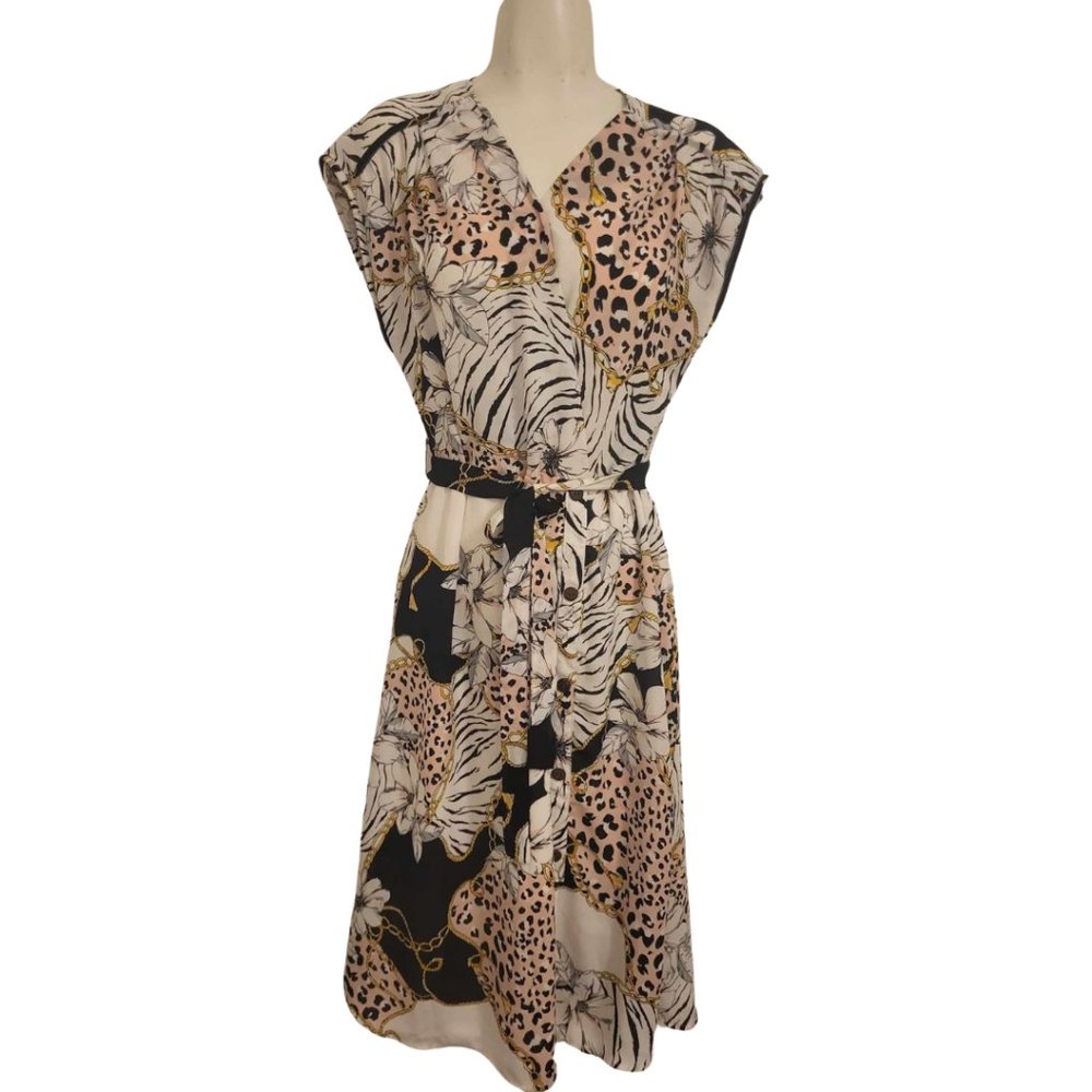 Spring Trendy  Wrap Casual Midi Dress with Chain-link and animal prints